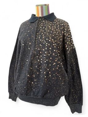 Vintage Splatter Paint Embellished Sweatshirt Button Up Collared Gold Circles